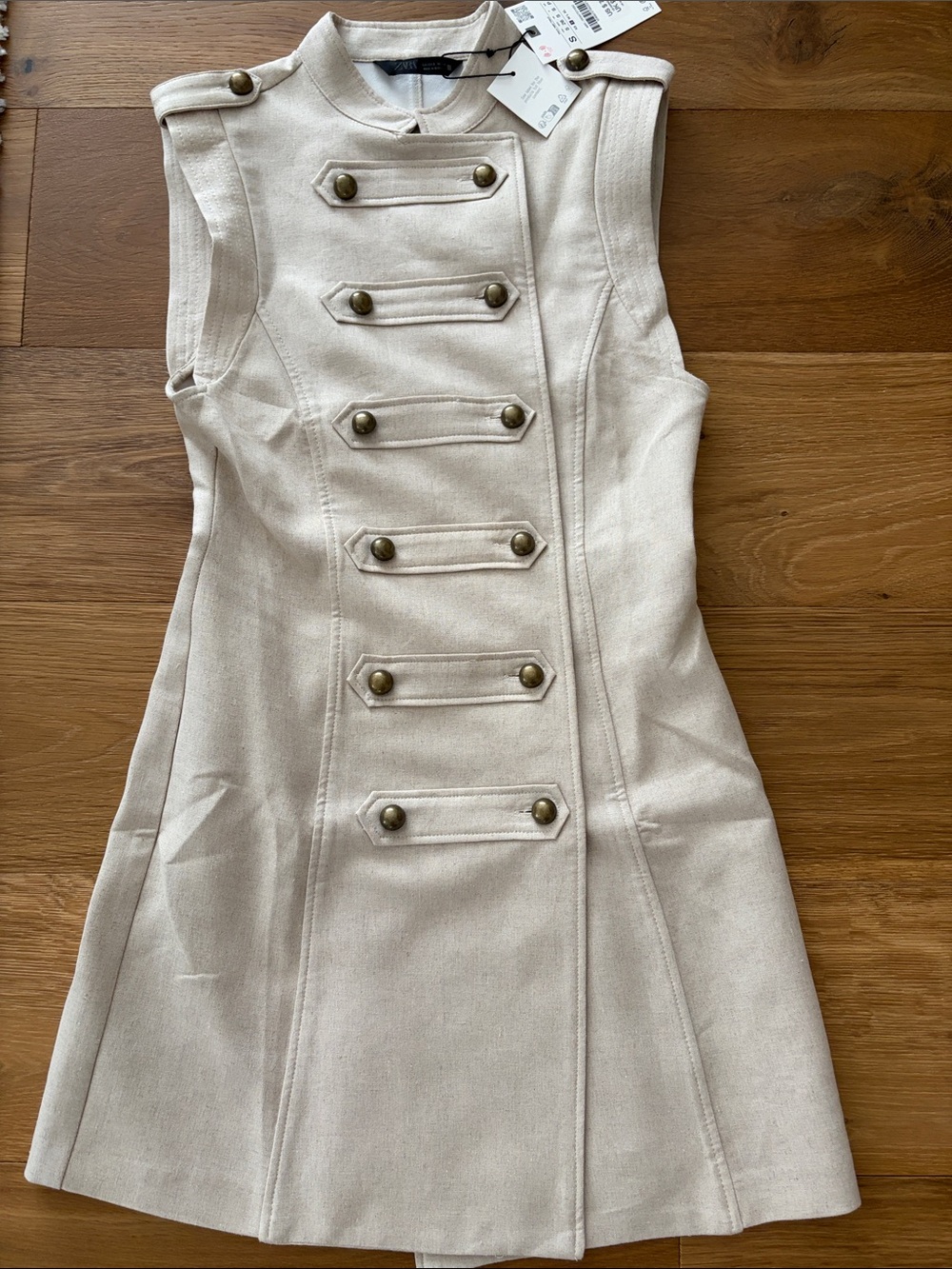 NWT Zara Sleeveless Military Button Front Dress in Light Beige - Sz S